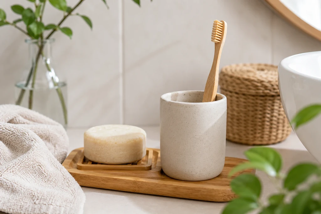 Bamboe tandenborstel als duurzaam alternatief voor een plastic tandenborstel in een zero waste badkamer