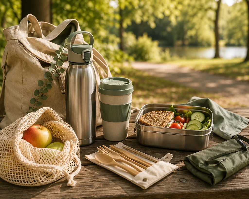 Duurzaam onderweg met herbruikbare waterfles, koffiebeker, lunchbox, bestekset en groente- en fruitzakjes.