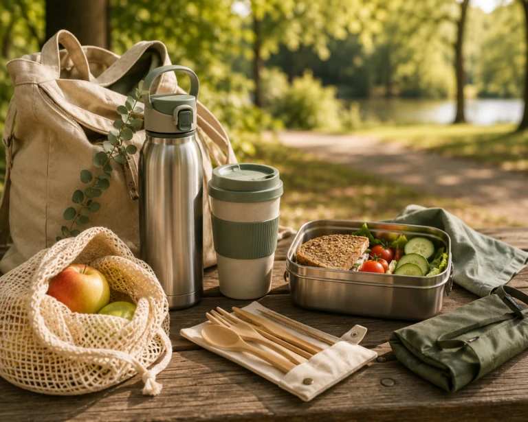 Duurzaam onderweg met herbruikbare waterfles, koffiebeker, lunchbox, bestekset en groente- en fruitzakjes.