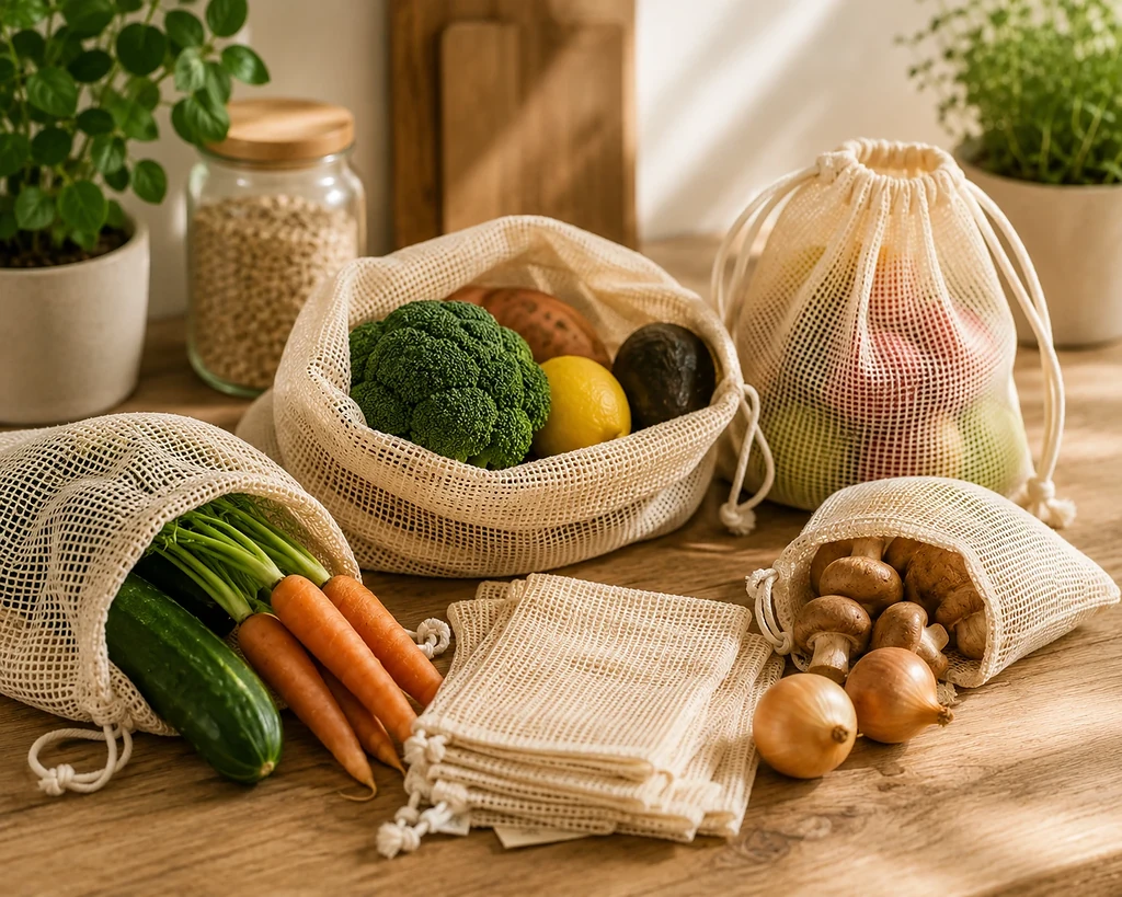 Herbruikbare groente- en fruitzakjes gevuld met verse groenten en fruit als duurzaam alternatief voor plastic zakjes.