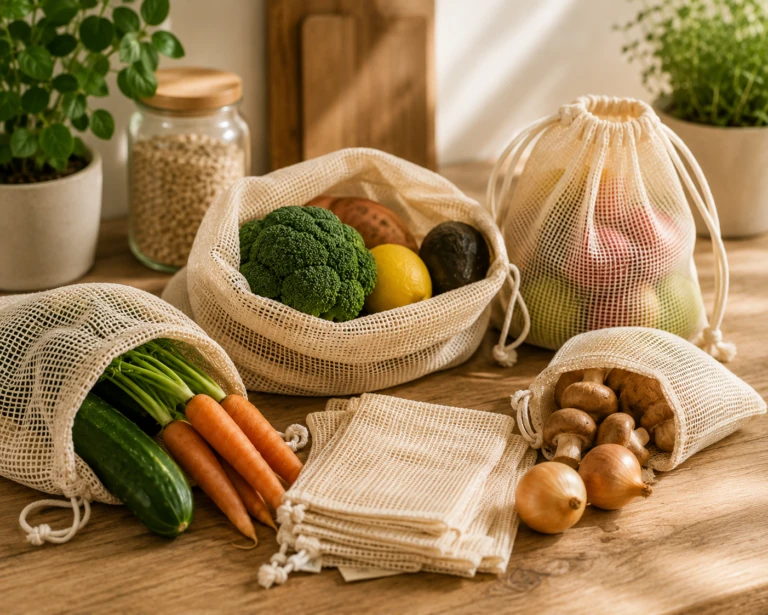 Herbruikbare groente- en fruitzakjes gevuld met verse groenten en fruit als duurzaam alternatief voor plastic zakjes.