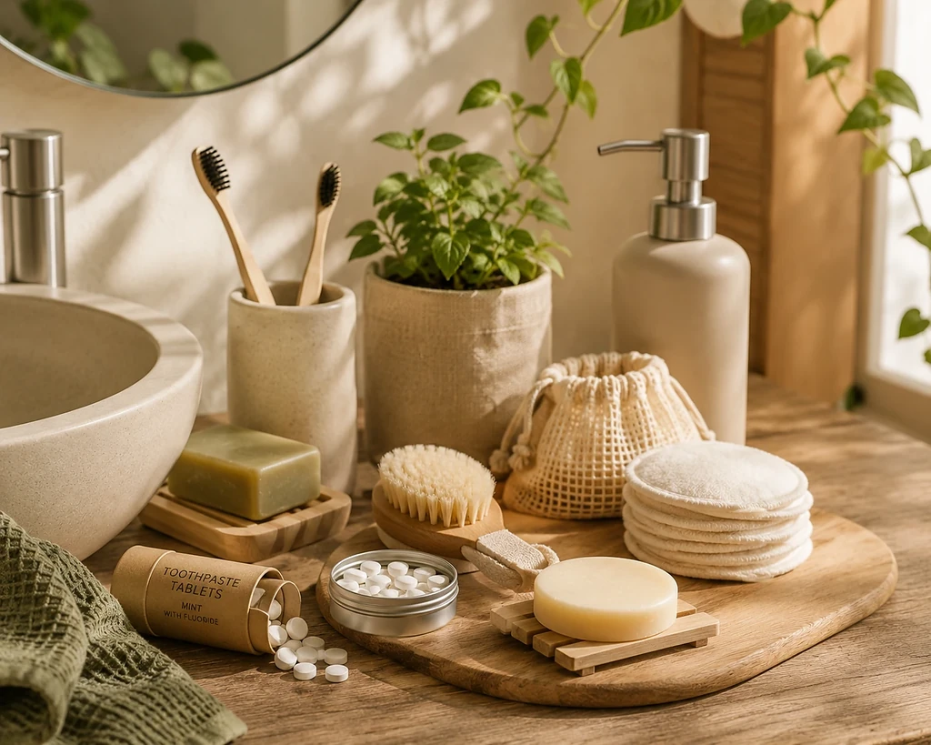 Zero waste badkamer met bamboe tandenborstels, herbruikbare wattenschijfjes, tandpastatabletten en natuurlijke verzorgingsproducten.