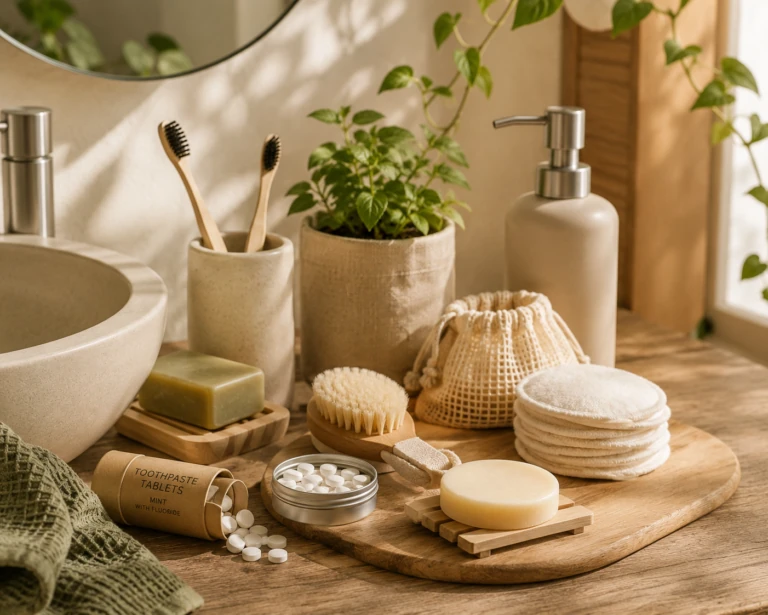 Zero waste badkamer met bamboe tandenborstels, herbruikbare wattenschijfjes, tandpastatabletten en natuurlijke verzorgingsproducten.