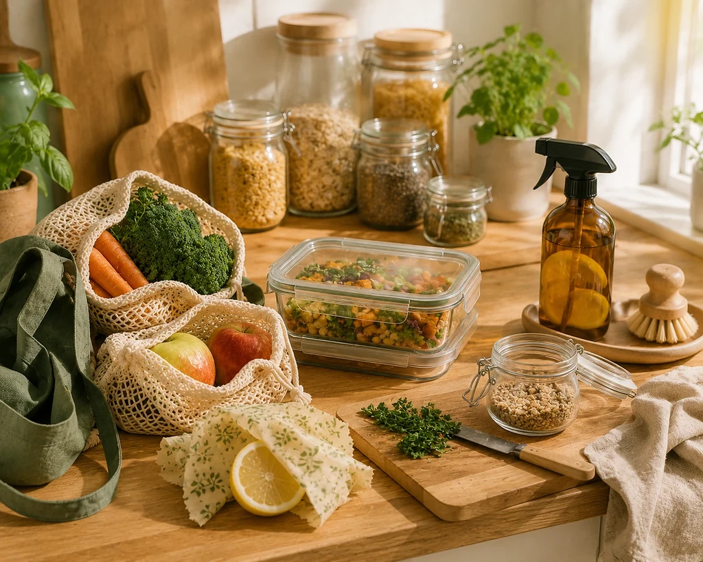 Zero waste keuken met herbruikbare groentezakjes, glazen bewaarpotten, meal prep, bijenwasdoeken en natuurlijke schoonmaakmiddelen.