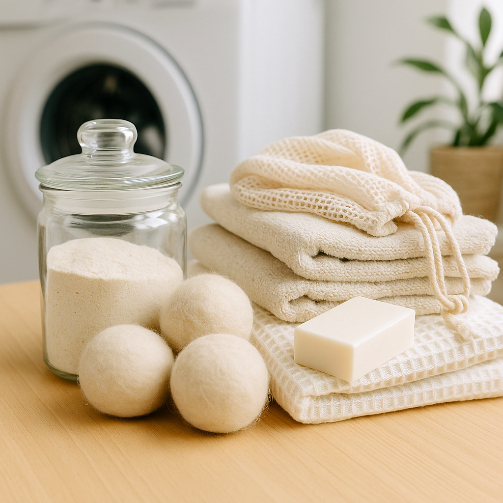 Duurzame wasroutine met glazen pot met wasmiddel, wollen drogerballen, katoenen handdoeken en zeep op houten oppervlak in een lichte, natuurlijke omgeving duurzaam wassen