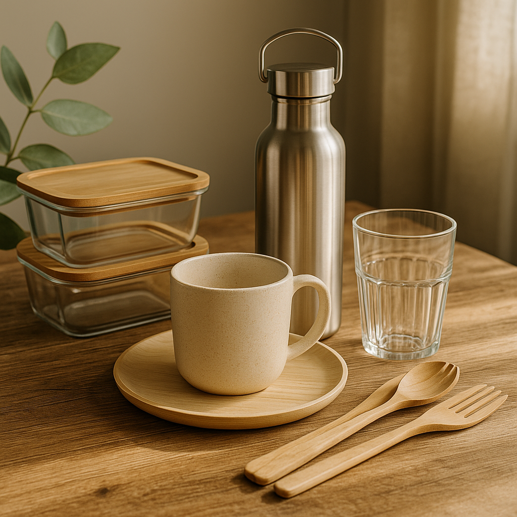 uurzaam servies met glazen opbergpotten, keramische mok, RVS drinkfles en houten bestek op houten tafel met natuurlijke belichting duurzaam servies