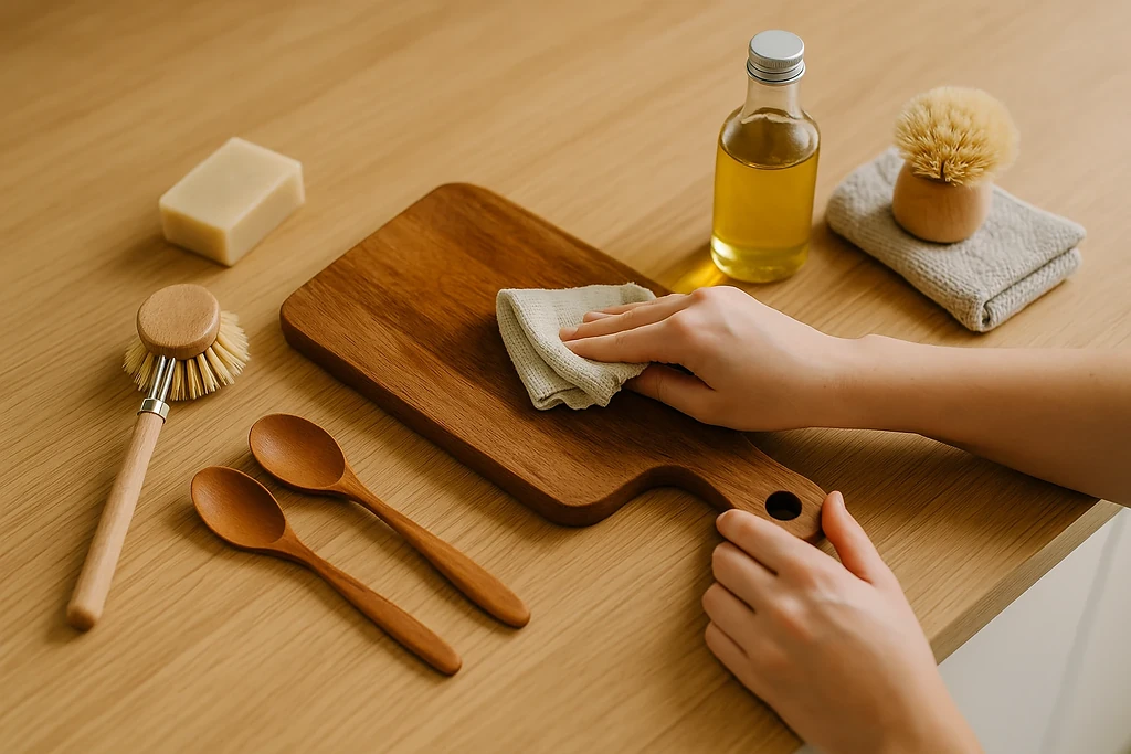 Handen die olie aanbrengen op een houten snijplank met een doekje, omringd door houten lepels, borstel en flesje olie — duurzaam onderhoud van keukentools duurzaam servies