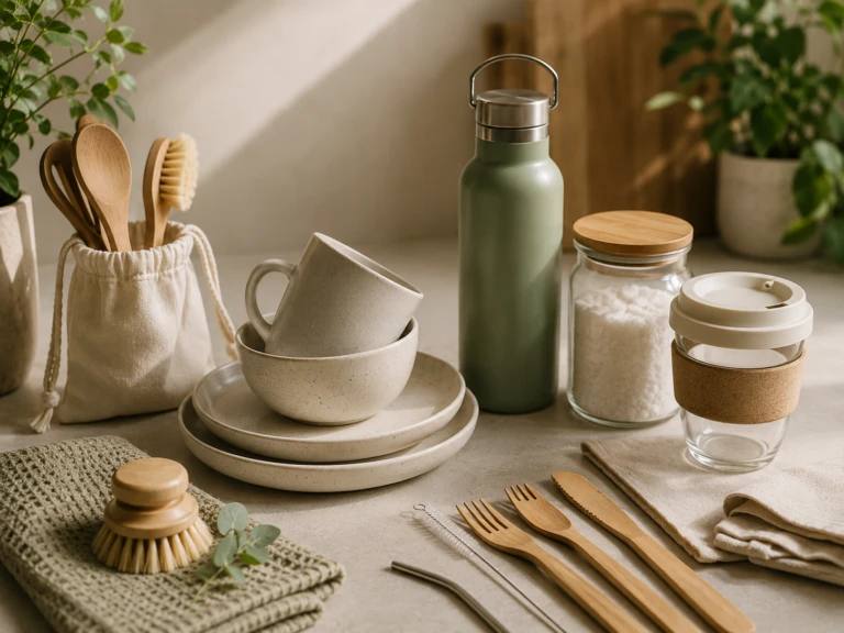 Duurzaam servies en herbruikbare keukentools met borden, mokken, drinkfles en houten bestek.