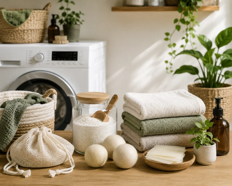 Duurzaam wassen met natuurlijke wasmiddelen, wollen droogballen en een energiezuinige wasroutine.