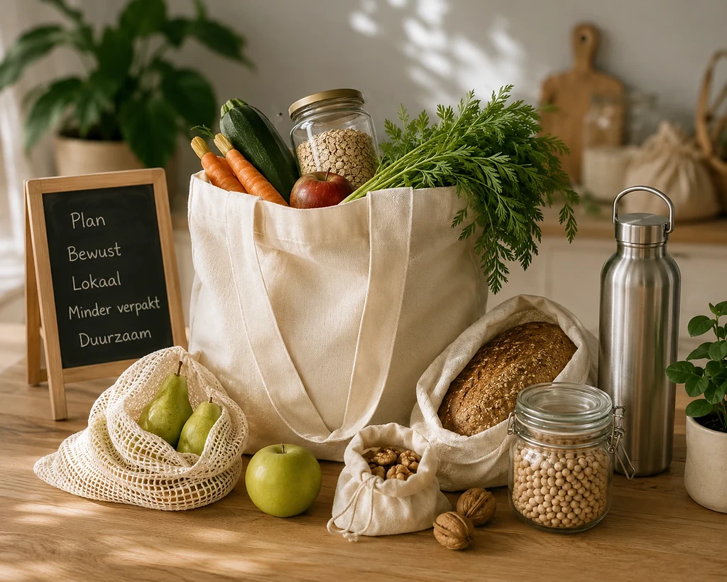 Zero waste boodschappen doen met herbruikbare tassen, verse producten en verpakkingsvrije boodschappen.