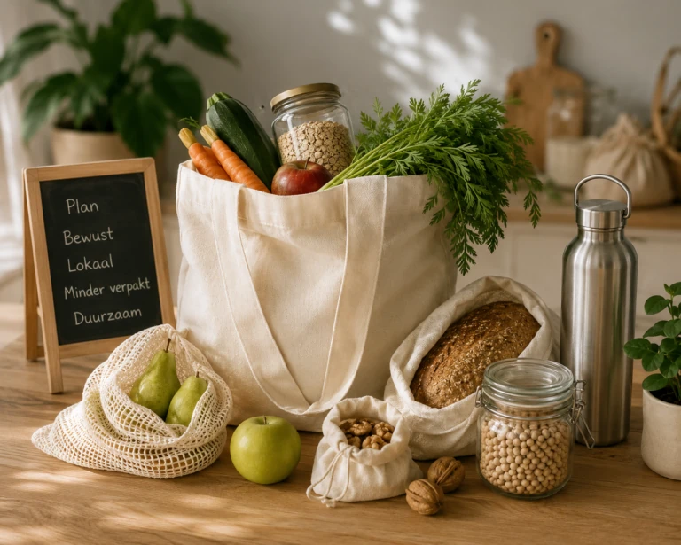 Zero waste boodschappen doen met herbruikbare tassen, verse producten en verpakkingsvrije boodschappen.