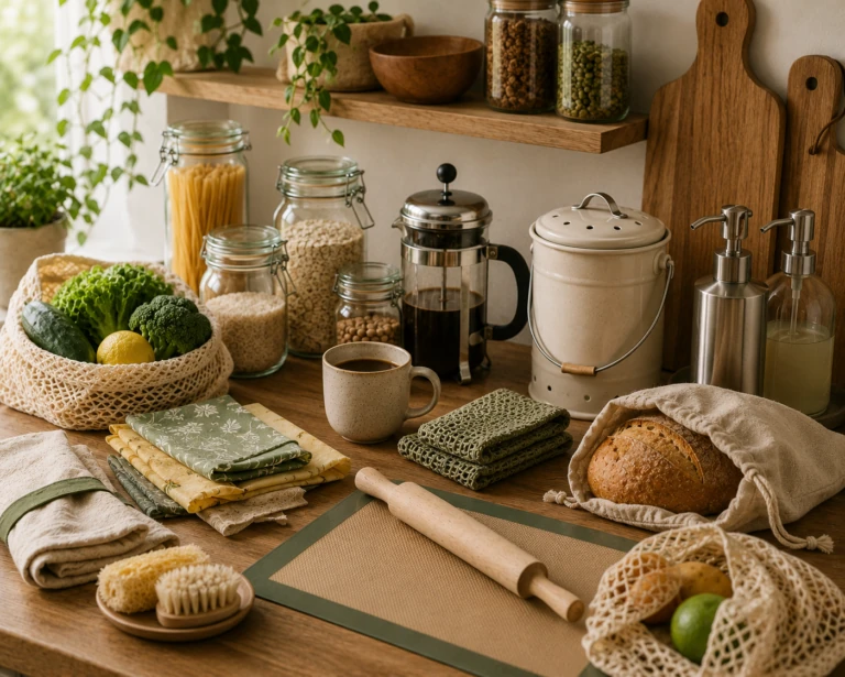 Zero waste keuken met glazen voorraadpotten, herbruikbare bewaardoeken, compostbakje en duurzame keukenproducten.
