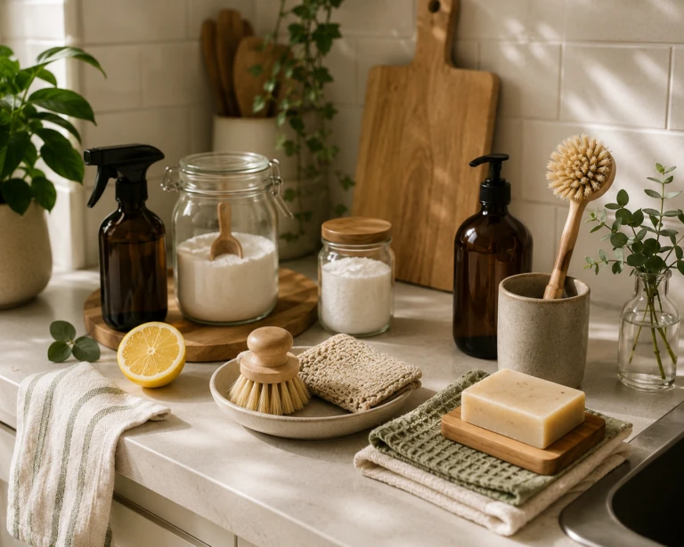 Zero waste keuken schoonmaken met natuurlijke schoonmaakmiddelen, herbruikbare doekjes en duurzame accessoires.