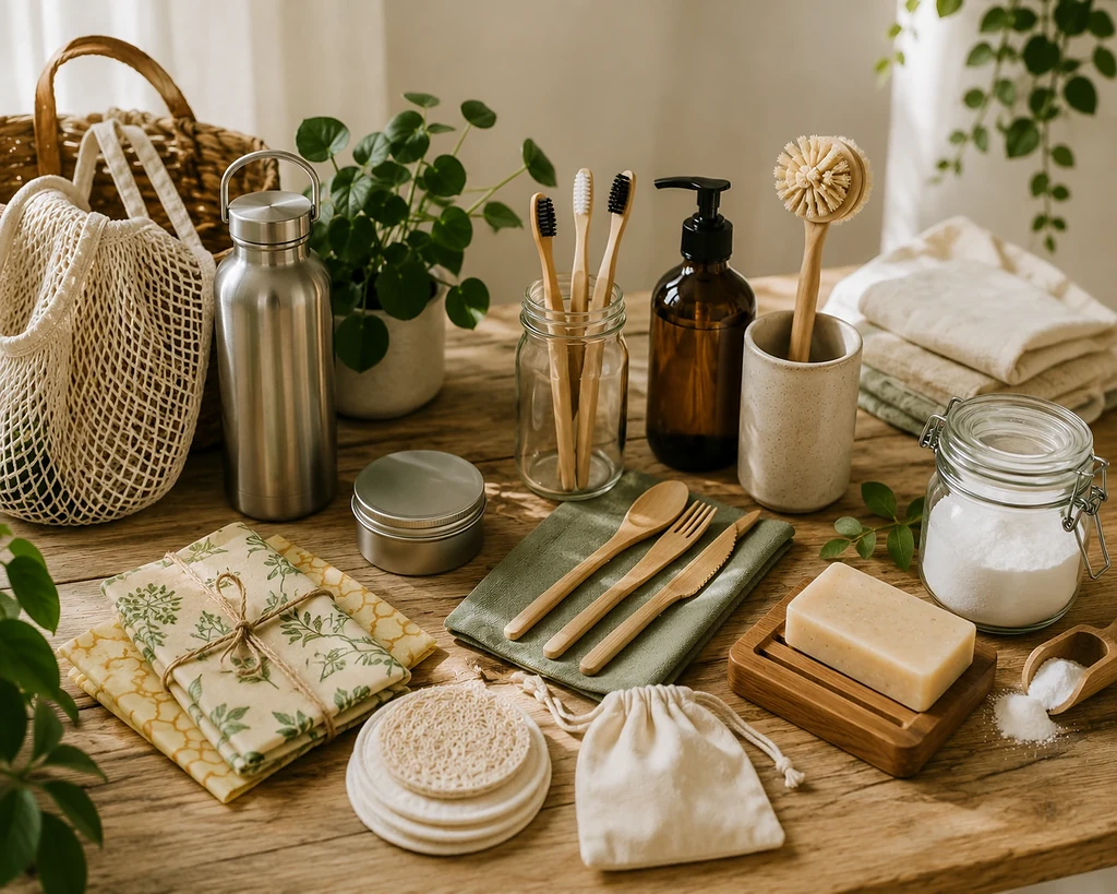 Zero waste swaps met herbruikbare producten zoals een drinkfles, katoenen tas, bamboe tandenborstels en natuurlijke verzorgingsproducten.