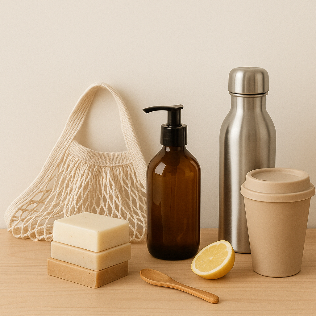 Netzakje, stapel zeepbars, amber pompflacon, RVS drinkfles en herbruikbare koffiebeker op een licht houten oppervlak in een moderne zero waste stijl.