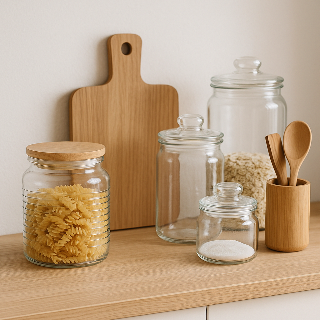 Glazen voorraadpotten en houten keukenspullen op een licht houten aanrecht, in een moderne en minimalistische stijl, symbool voor een plasticvrij en duurzaam huishouden.