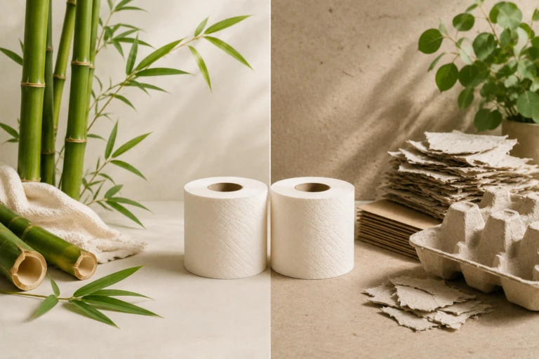 Vergelijking tussen bamboe en gerecycled wc-papier met duurzame materialen op een neutrale achtergrond.