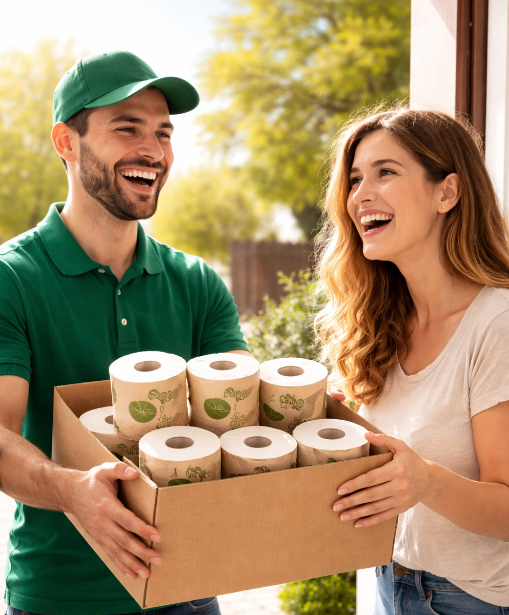 bezorger levert duurzaam toiletpapier abonnement aan huis bij blije klant
