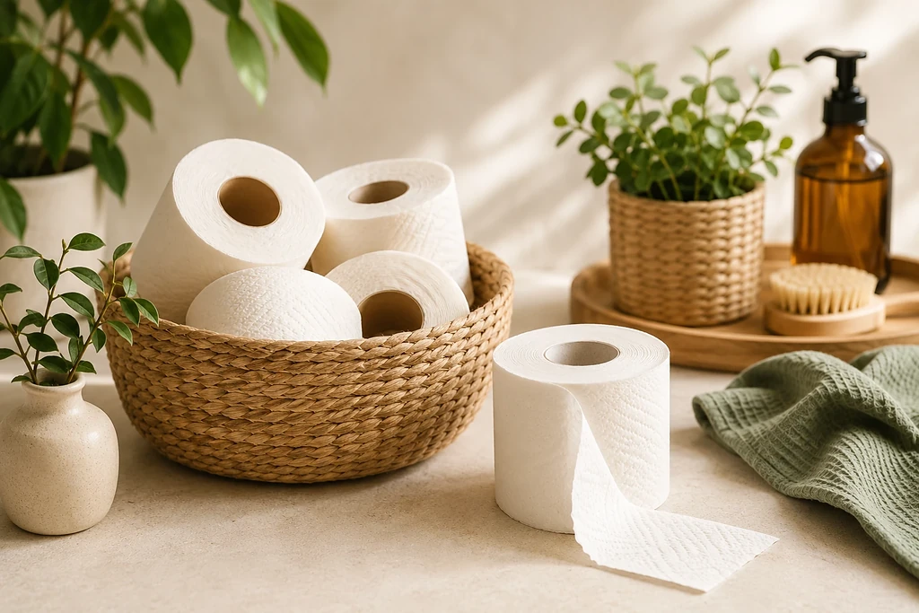 Duurzaam wc-papier in een natuurlijke badkamer met planten en herbruikbare accessoires.