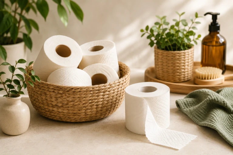 Duurzaam wc-papier in een natuurlijke badkamer met planten en herbruikbare accessoires.