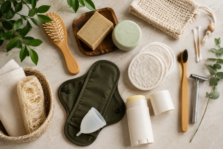 Duurzame persoonlijke verzorging met shampoo bar, bamboe tandenborstel, herbruikbare wattenschijfjes en menstruatiecup