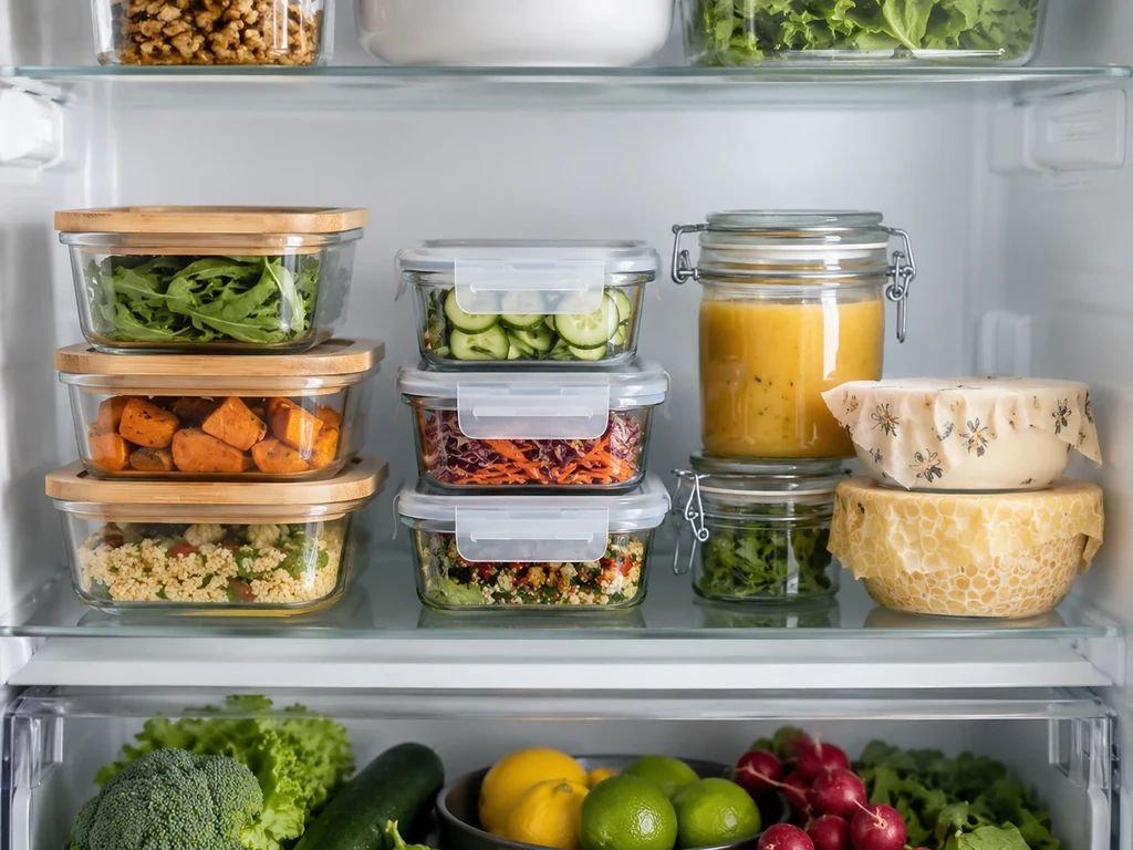 Glazen bewaardozen, weckpotten en bijenwasdoeken met restjes in een georganiseerde zero waste koelkast