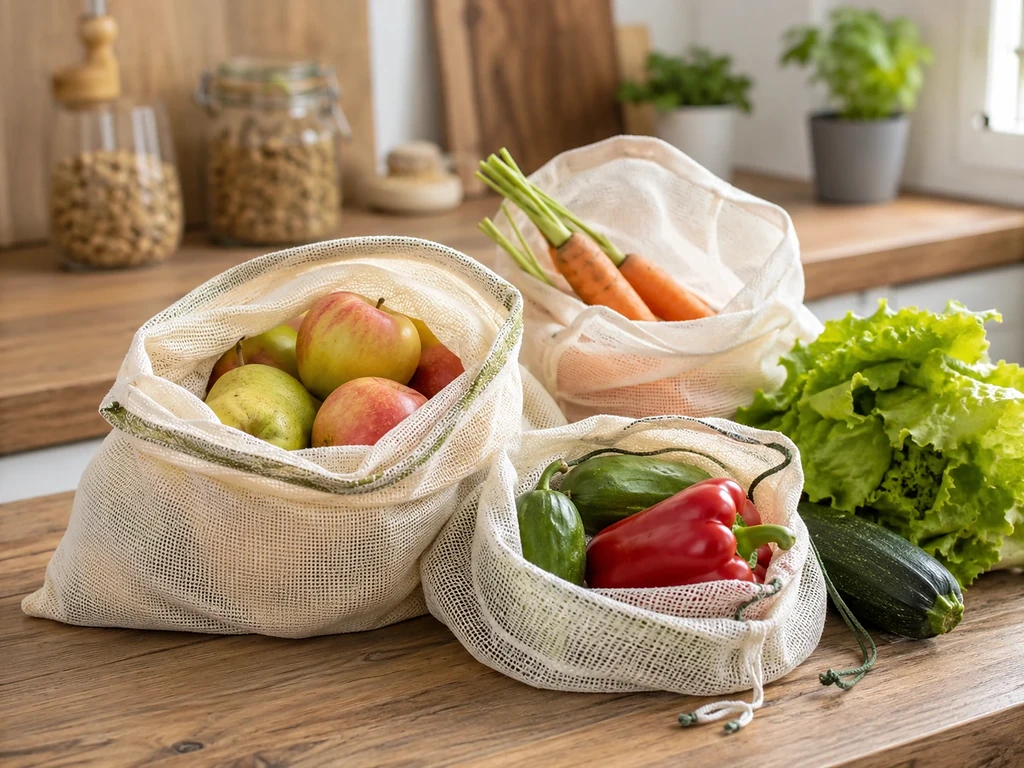 Herbruikbare groente- en fruitzakjes met verse groenten en fruit in een zero waste keuken