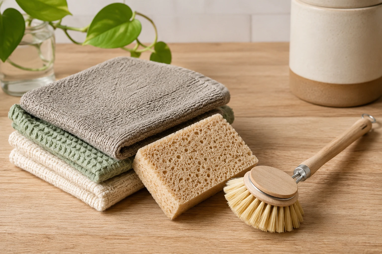 Herbruikbare schoonmaakdoekjes, cellulose spons en houten afwasborstel als duurzaam alternatief voor wegwerpproducten