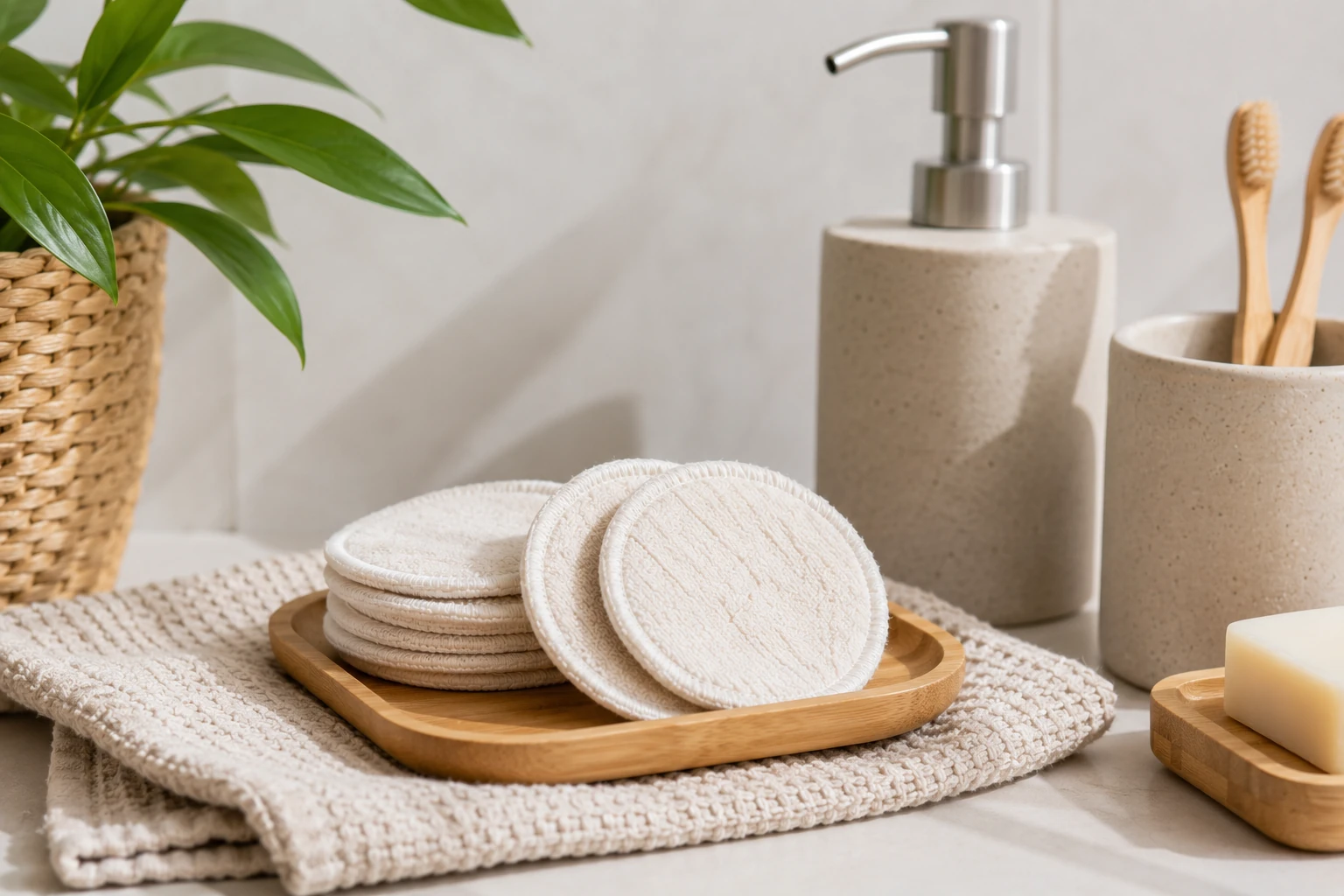 Herbruikbare wattenschijfjes op een bamboe schaaltje in een lichte zero waste badkamer