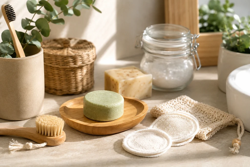 Plasticvrije badkamer met shampoo en zeepbars, herbruikbare wattenschijfjes en duurzame verzorgingsproducten