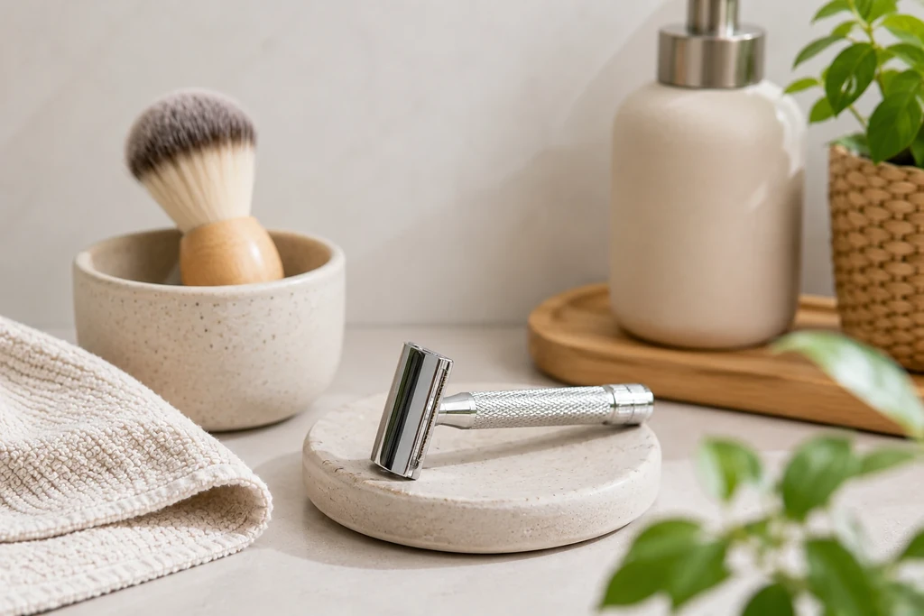 Metalen safety razor op een keramisch schaaltje in een lichte zero waste badkamer