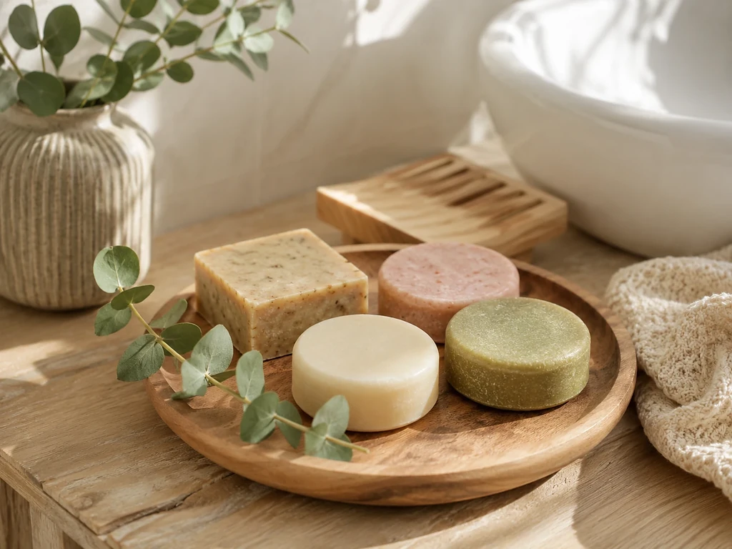 Shampoo bars en natuurlijke zeepbars op een houten schaal in een lichte badkamer