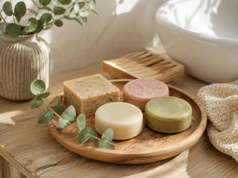 Shampoo bars en natuurlijke zeepbars op een houten schaal in een lichte badkamer