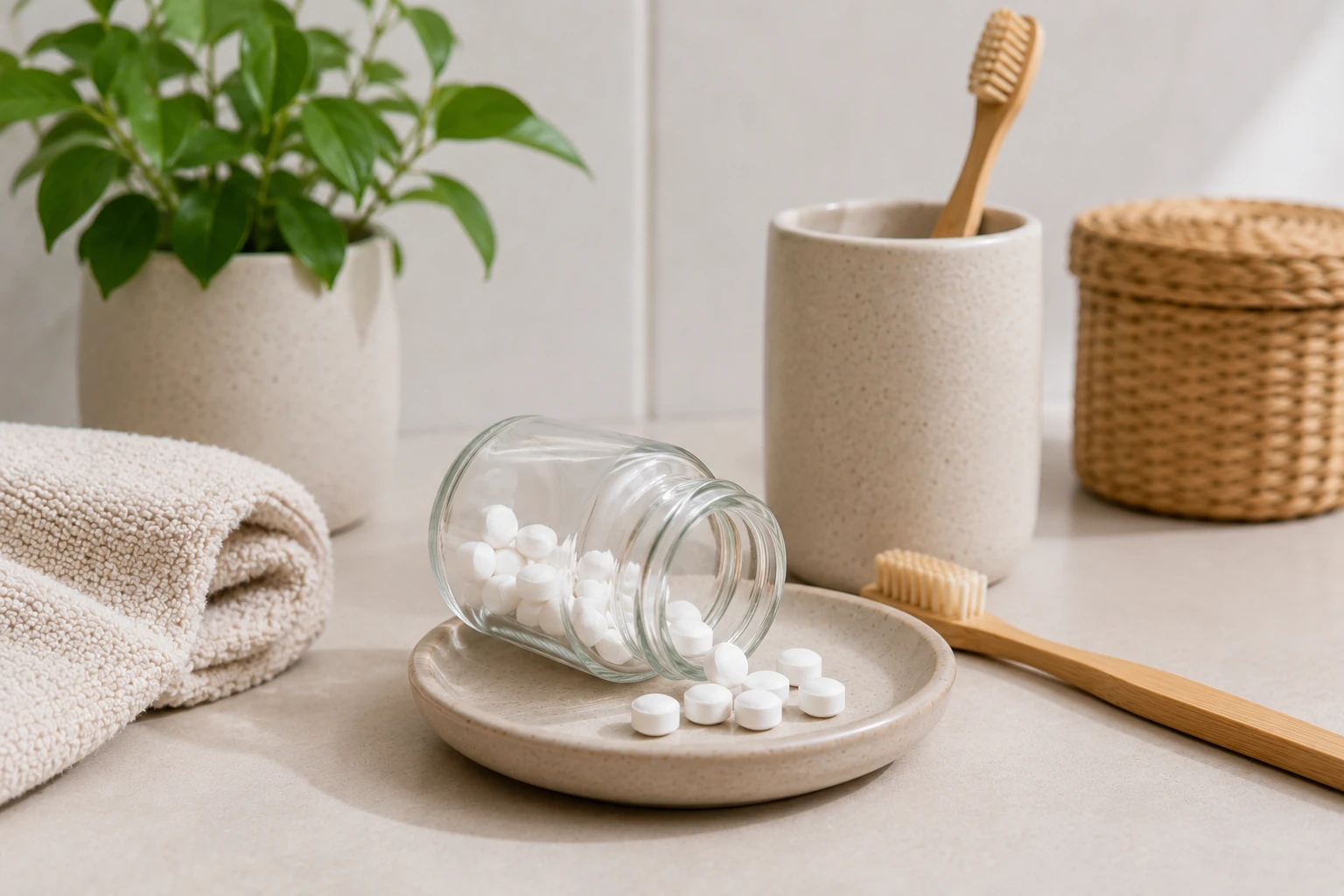 Navulbare tandpastatabletten in een glazen potje naast een bamboe tandenborstel in een zero waste badkamer