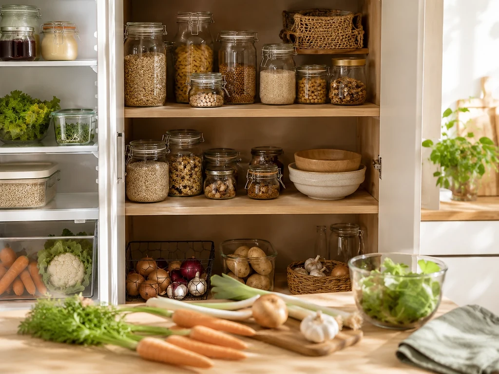 Geopende voorraadkast met glazen voorraadpotten, groenten en basisproducten voor zero waste koken