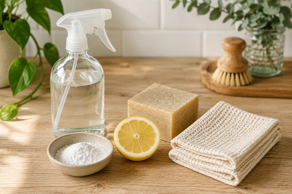 Zero waste schoonmaakset met glazen sprayfles, baking soda, citroen, zeepblok en herbruikbare schoonmaakdoekjes