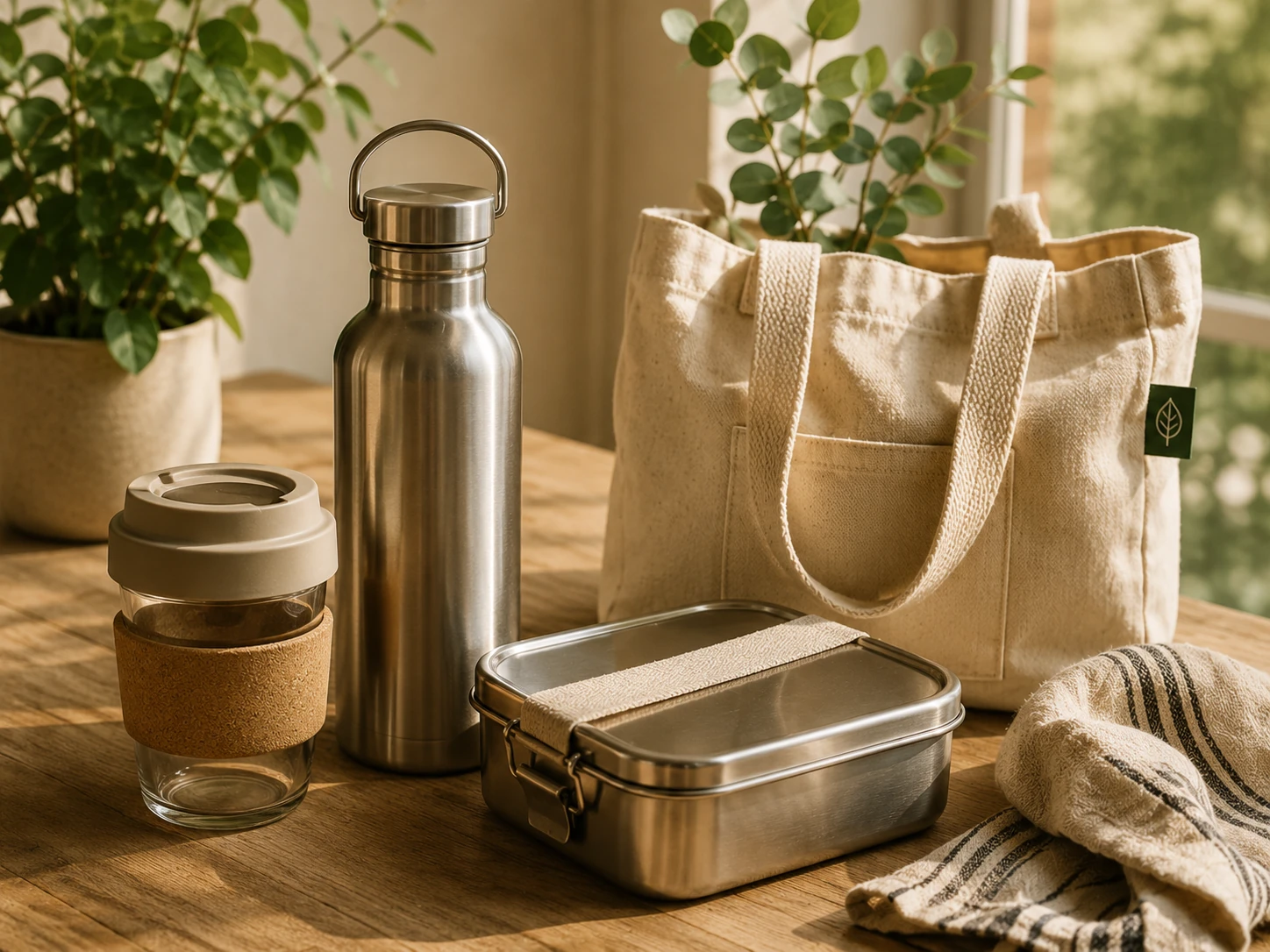 Duurzaam onderweg met herbruikbare drinkfles, lunchbox en tas.