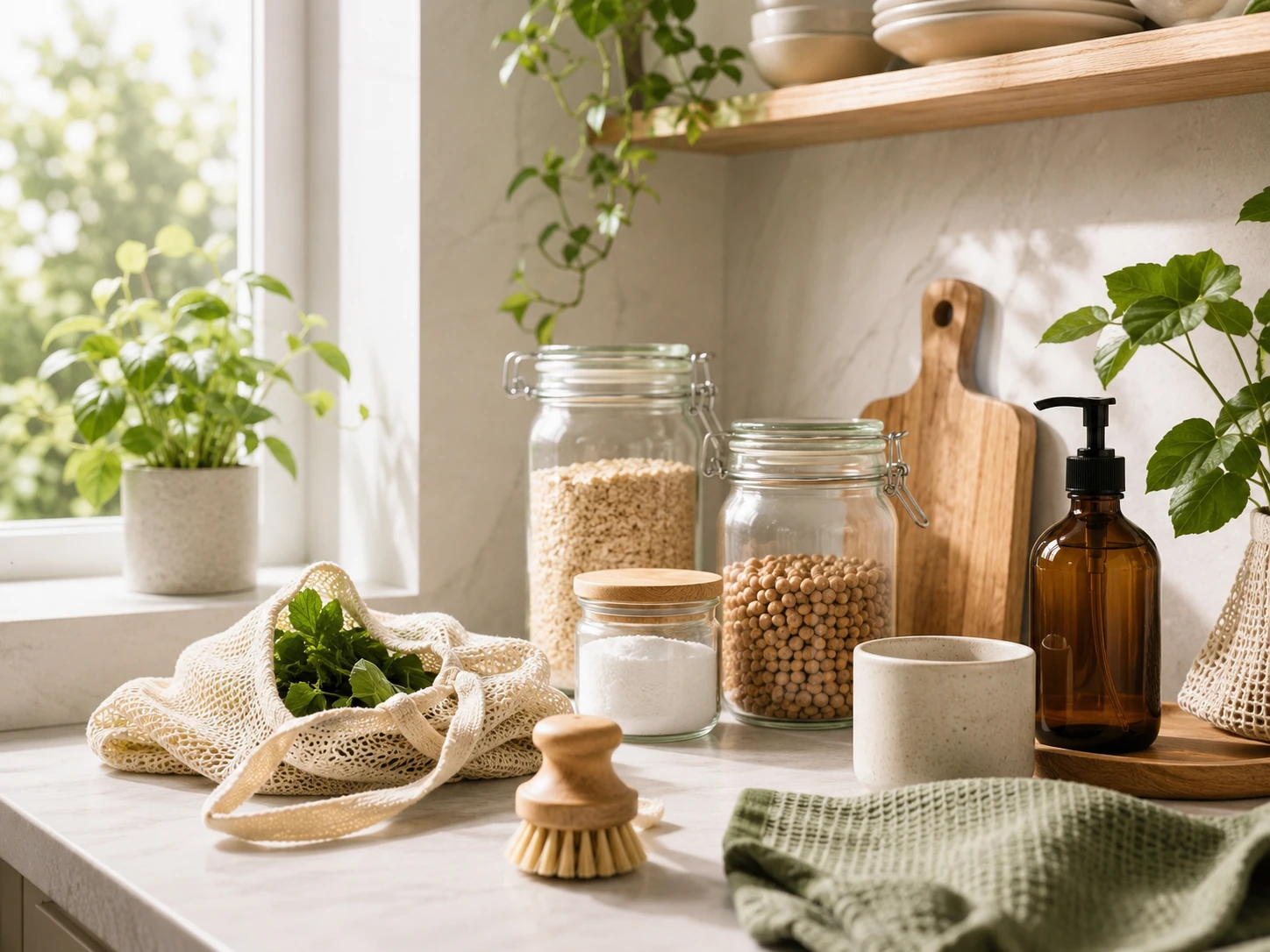 Duurzame keuken met glazen voorraadpotten, herbruikbaar netzakje, houten schoonmaakborstel en groene planten in warm ochtendlicht.