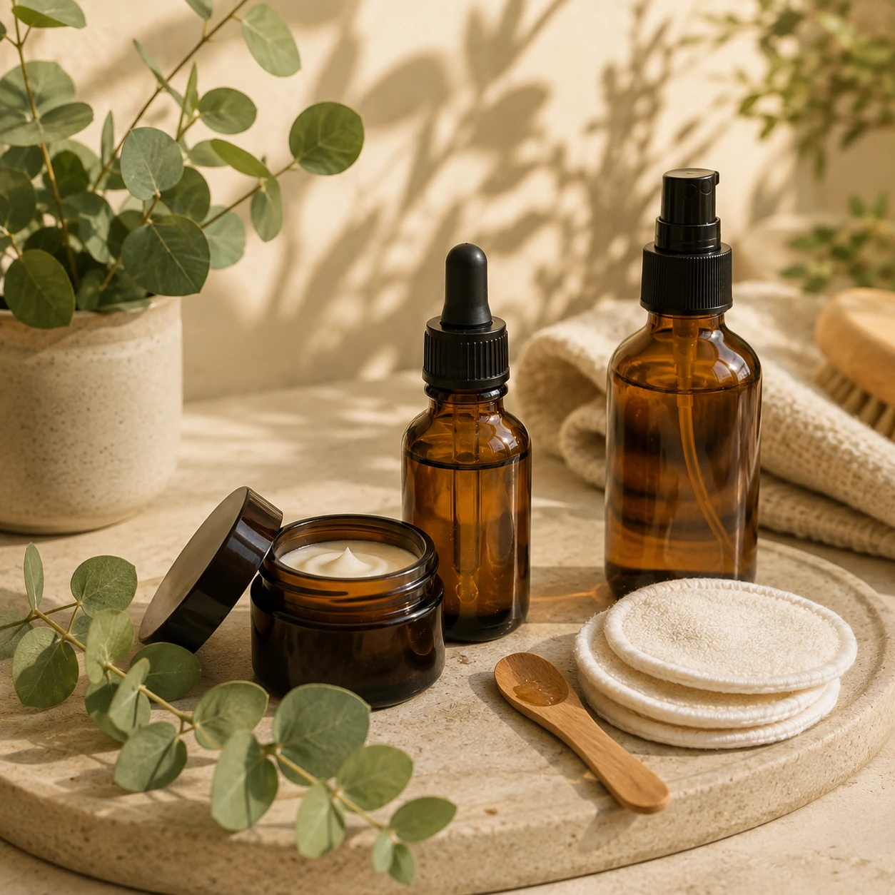 Natuurlijke huidverzorging met gezichtscrème, serum en herbruikbare wattenschijfjes