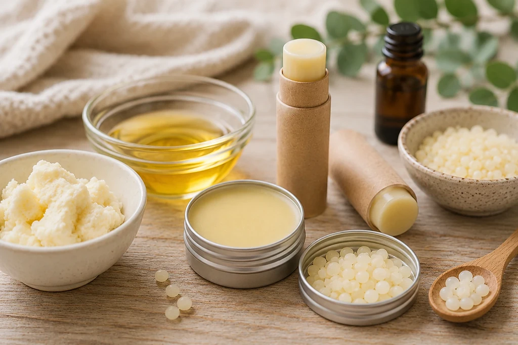 Ingrediënten voor zelf lippenbalsem maken met bijenwas, sheaboter en plantaardige olie