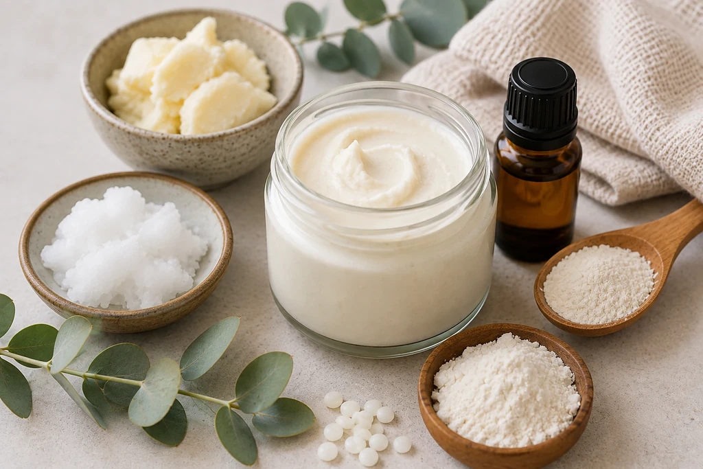 Zelf deodorant maken met natuurlijke ingrediënten zoals kokosolie, sheaboter en arrowrootpoeder.