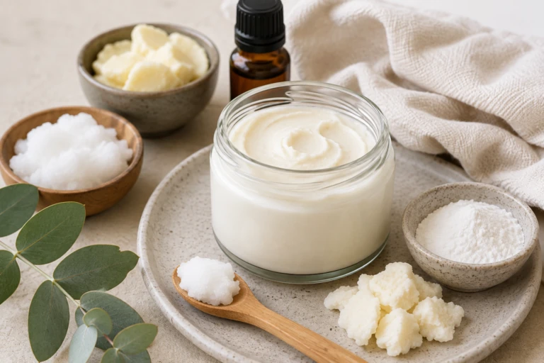 Zelfgemaakte natuurlijke deodorant in een glazen potje met kokosolie, sheaboter en andere DIY-ingrediënten.