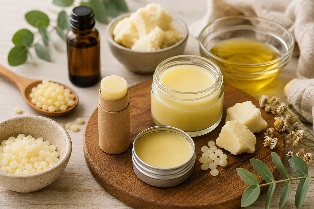 Zelf lippenbalsem maken met natuurlijke ingrediënten zoals bijenwas, sheaboter en plantaardige olie